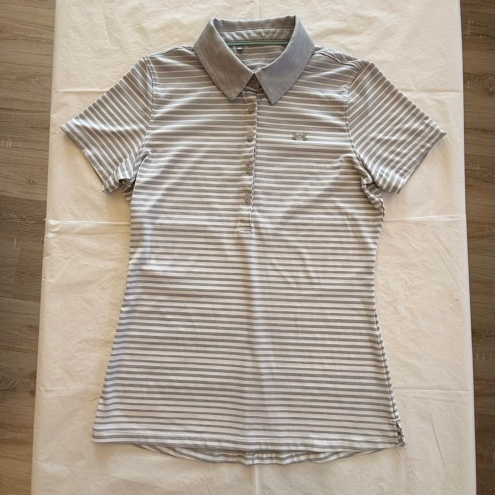 Under Armour Polo Shirt Women Medium Grey White Striped Good Short Sleeve Top